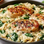 Boursin Orzo with Chicken in a creamy garlic herb sauce with spinach and golden seared chicken in a skillet