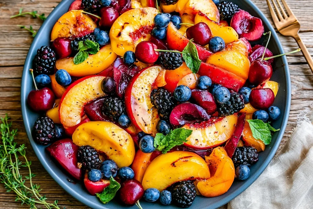 Colorful Summer Fruit Salad with peaches, cherries, blueberries, and blackberries topped with fresh mint and light glaze