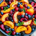 Colorful Summer Fruit Salad with peaches, cherries, blueberries, and blackberries topped with fresh mint and light glaze