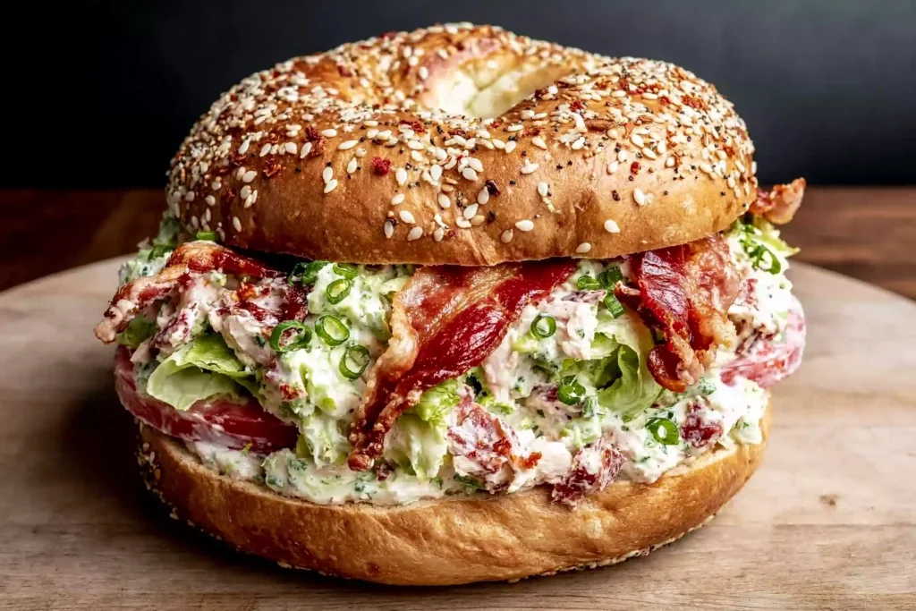 California BLT Chopped Bagel with crispy bacon, creamy avocado mixture, lettuce, and everything bagel topping close-up