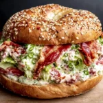 California BLT Chopped Bagel with crispy bacon, creamy avocado mixture, lettuce, and everything bagel topping close-up