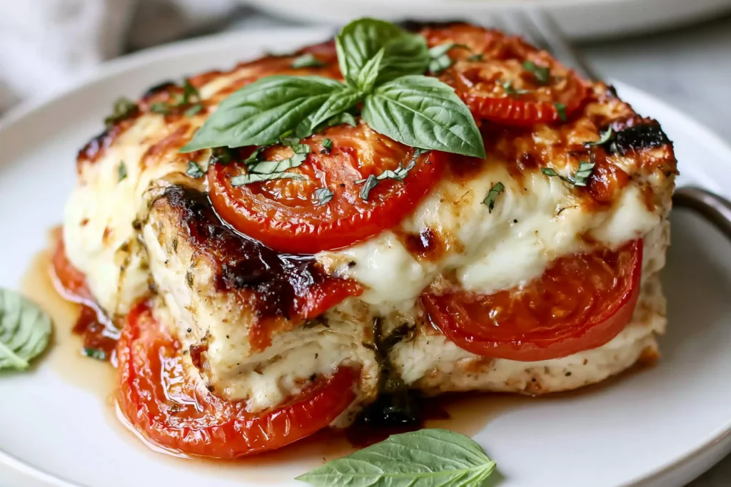 Close-up slice of Caprese Chicken Casserole with melted mozzarella, juicy tomatoes, basil, and balsamic glaze