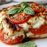 Close-up slice of Caprese Chicken Casserole with melted mozzarella, juicy tomatoes, basil, and balsamic glaze