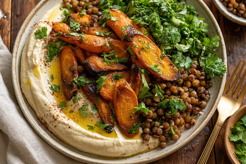 Roasted Carrot and Lentil Salad with Hummus featuring caramelized carrots, herbed lentils, fresh greens, and a creamy hummus base