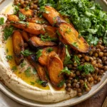 Roasted Carrot and Lentil Salad with Hummus featuring caramelized carrots, herbed lentils, fresh greens, and a creamy hummus base