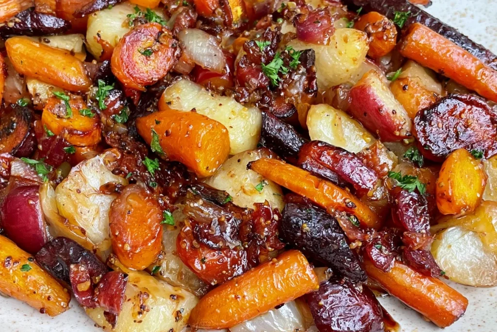 Maple Dijon Roasted Carrots and Apples close-up with caramelized edges, roasted carrots, apples, and onions in glossy maple Dijon glaze