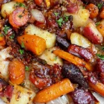 Maple Dijon Roasted Carrots and Apples close-up with caramelized edges, roasted carrots, apples, and onions in glossy maple Dijon glaze