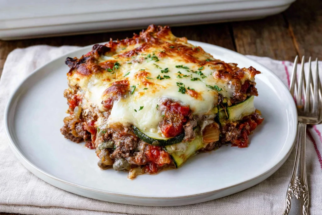 Ground Beef Zucchini Casserole slice with melted mozzarella, ground beef, tomatoes, and zucchini layers on a white plate