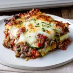 Ground Beef Zucchini Casserole slice with melted mozzarella, ground beef, tomatoes, and zucchini layers on a white plate