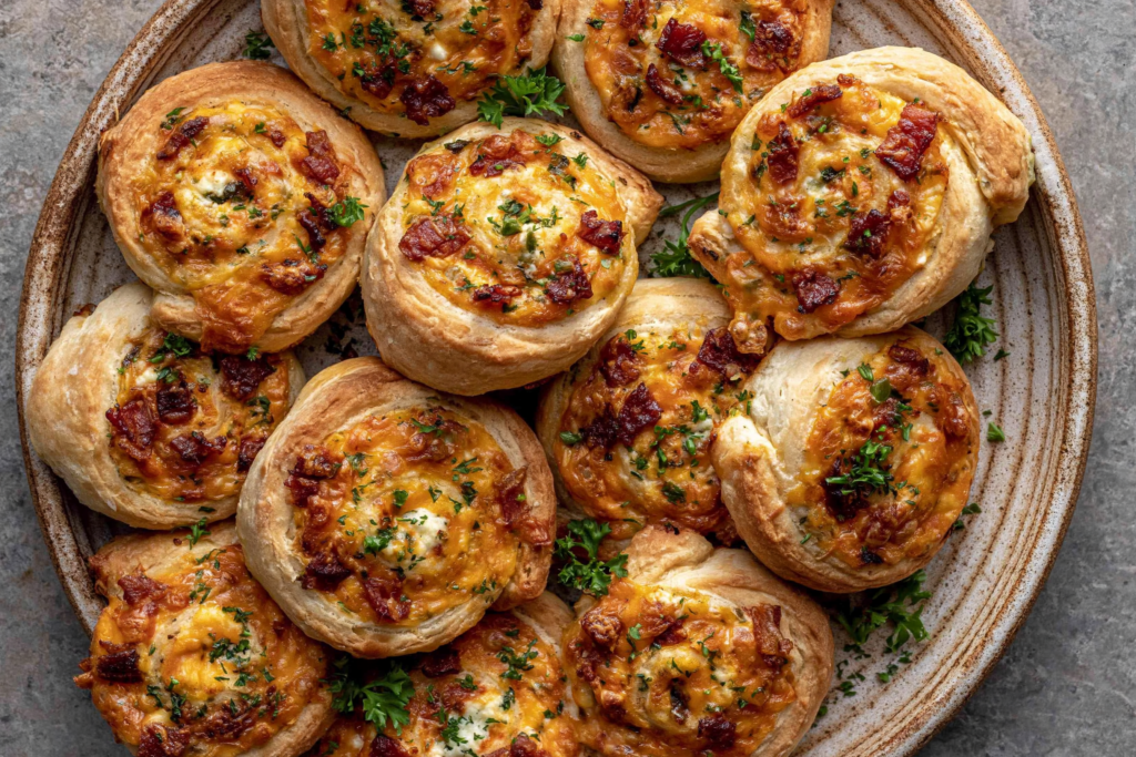 Golden baked Jalapeno Popper Pinwheels topped with crispy bacon, melted cheese, and fresh herbs on a serving plate