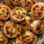 Golden baked Jalapeno Popper Pinwheels topped with crispy bacon, melted cheese, and fresh herbs on a serving plate