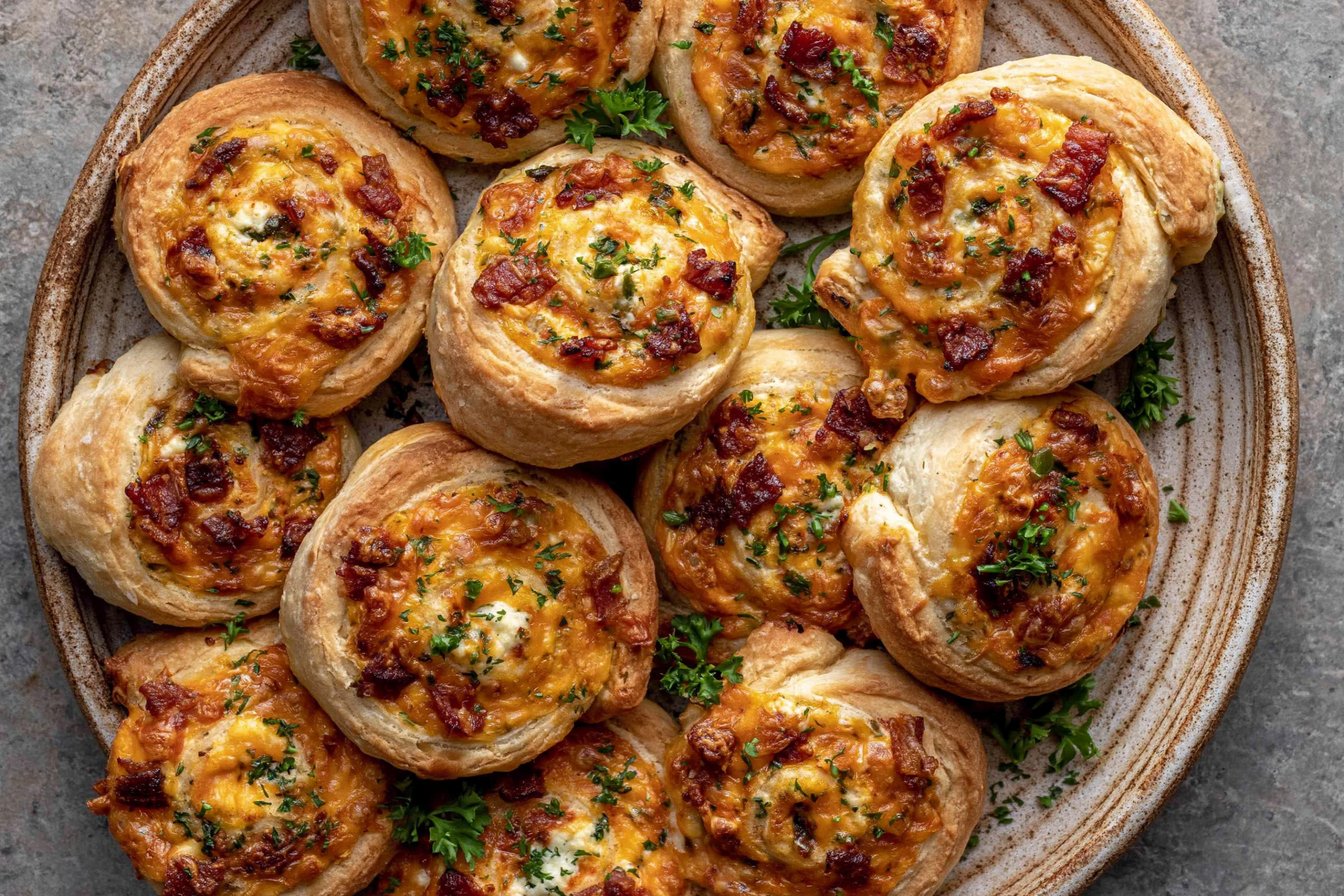 Golden baked Jalapeno Popper Pinwheels topped with crispy bacon, melted cheese, and fresh herbs on a serving plate