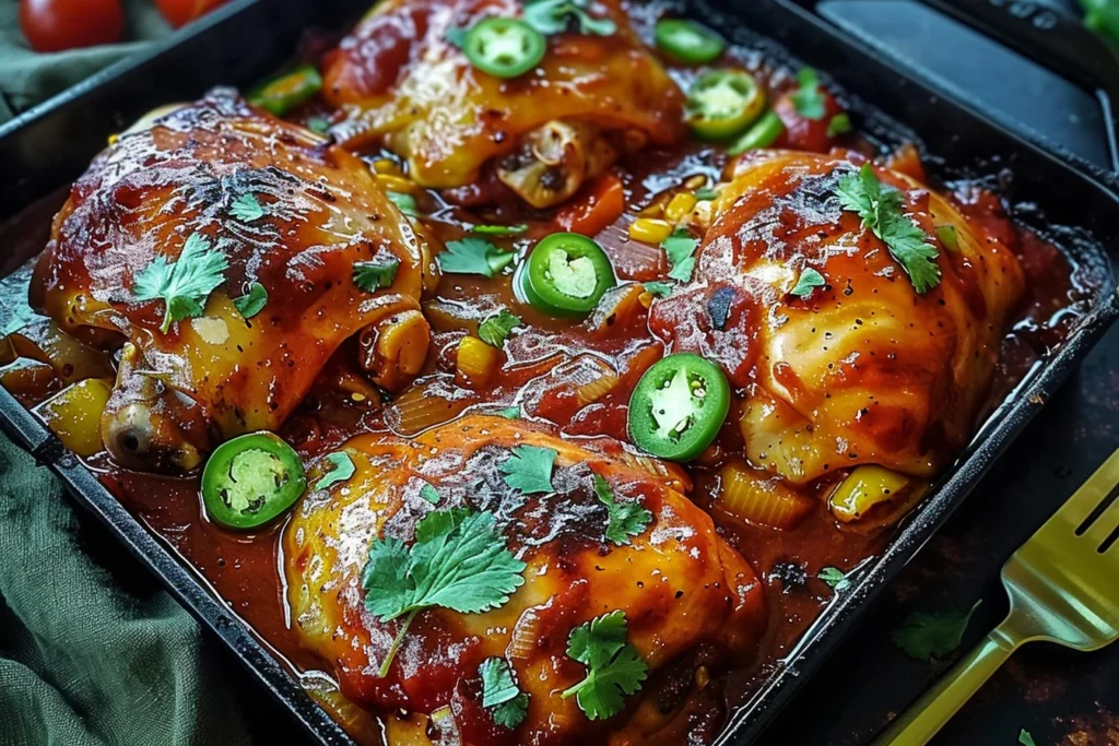 Chicken Diablo baked in a rich spicy sweet sauce with jalapeños, onions, and herbs in a skillet
