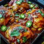 Chicken Diablo baked in a rich spicy sweet sauce with jalapeños, onions, and herbs in a skillet