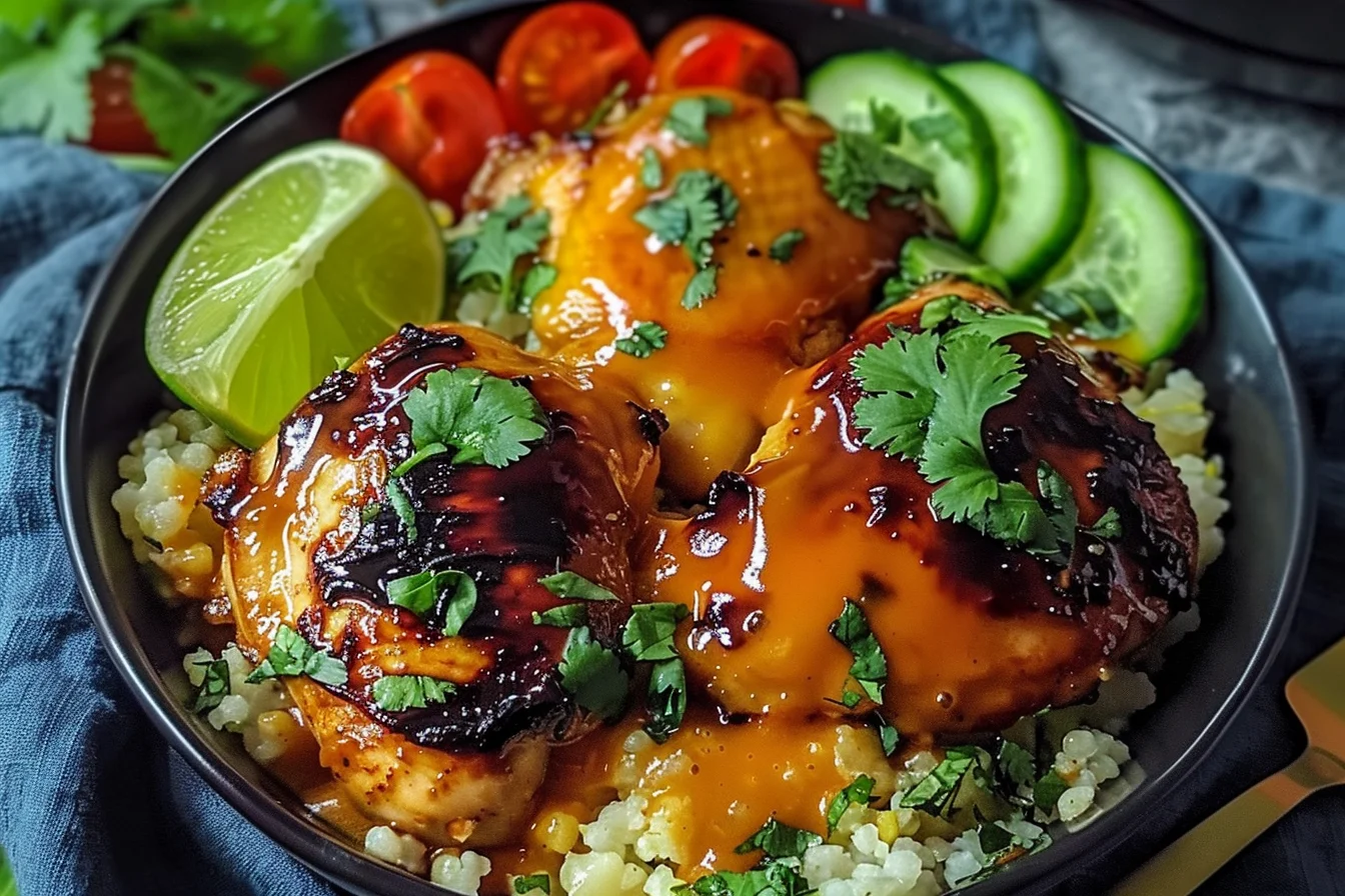 Chicken Diablo served over rice with spicy sweet sauce, garnished with cilantro, lime, and fresh vegetables