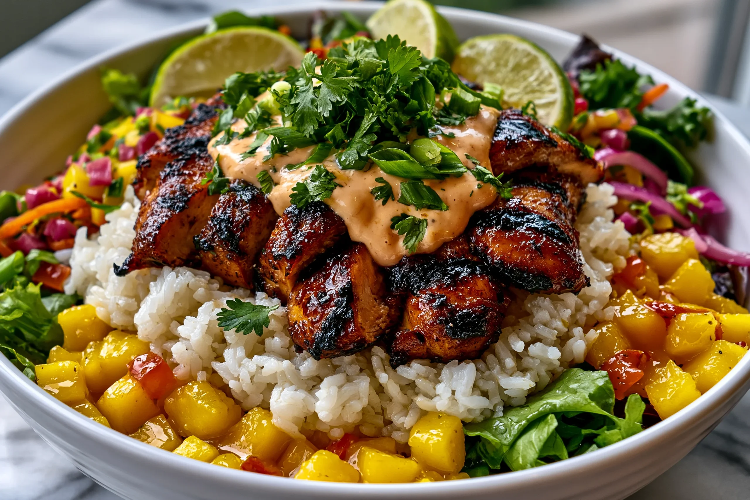Chicken Mango Rice Bowl with grilled chicken, mango salsa, avocado, and spicy sauce over rice