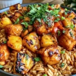 Chicken and Pineapple Rice served in a bowl with glazed chicken, caramelized pineapple chunks, and fluffy rice