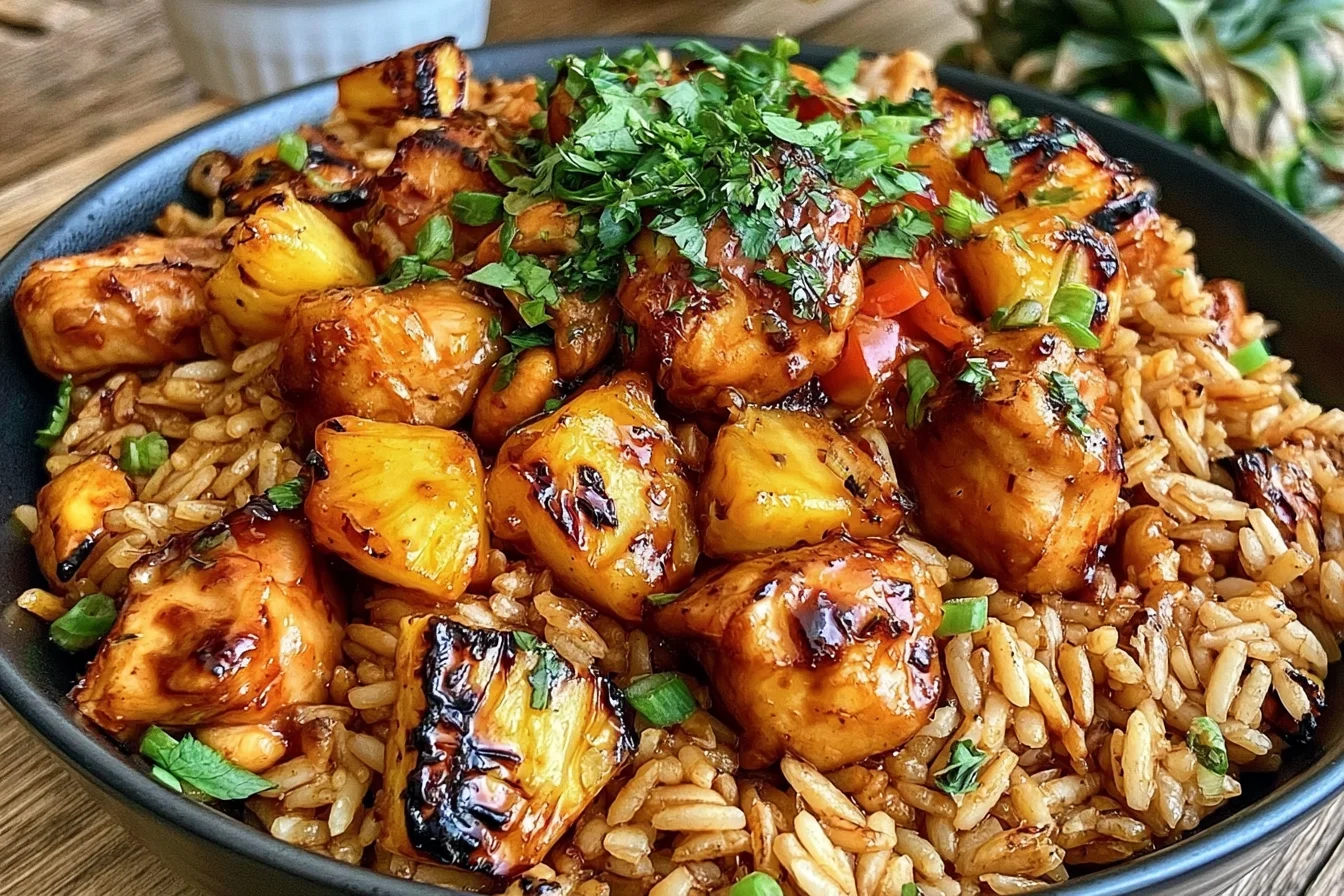 Chicken and Pineapple Rice served in a bowl with glazed chicken, caramelized pineapple chunks, and fluffy rice