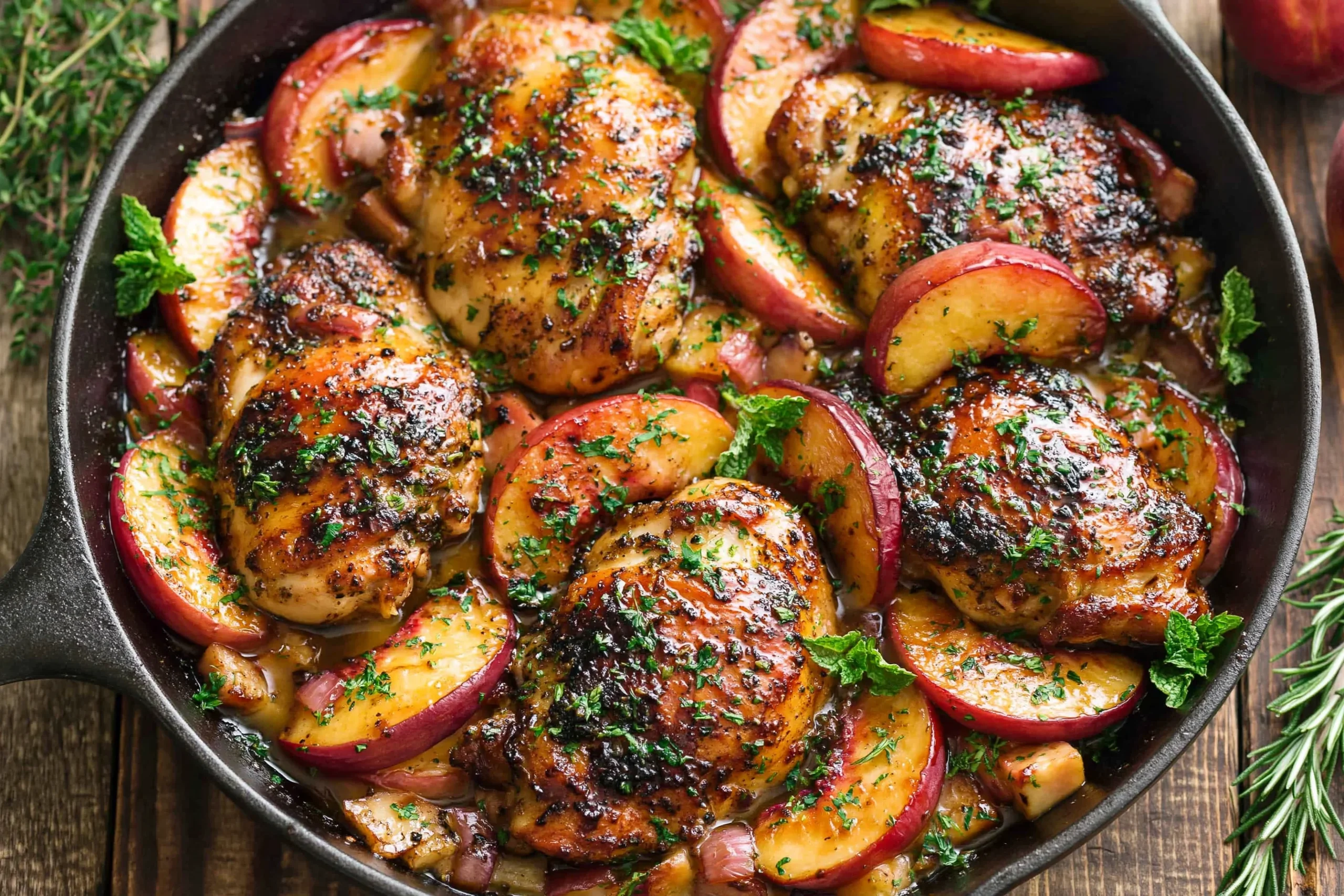 Chicken with Peaches in a cast iron skillet with juicy caramelized peaches and golden seared chicken thighs
