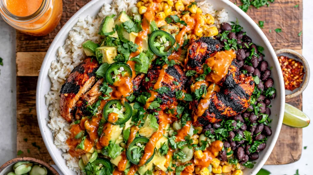 Cilantro Lime Chicken Bowls with grilled chicken, avocado salsa, black beans, corn, rice, and chipotle sauce drizzle