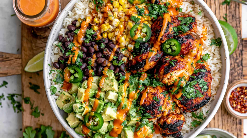 Cilantro Lime Chicken Bowls with grilled chicken, rice, black beans, corn, avocado, and chipotle sauce