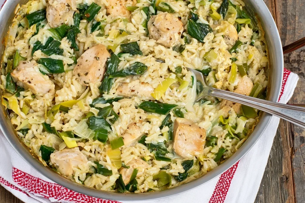 Close-up of Chicken Asparagus and Boursin Orzo with creamy sauce, juicy chicken pieces, and tender leeks and asparagus
