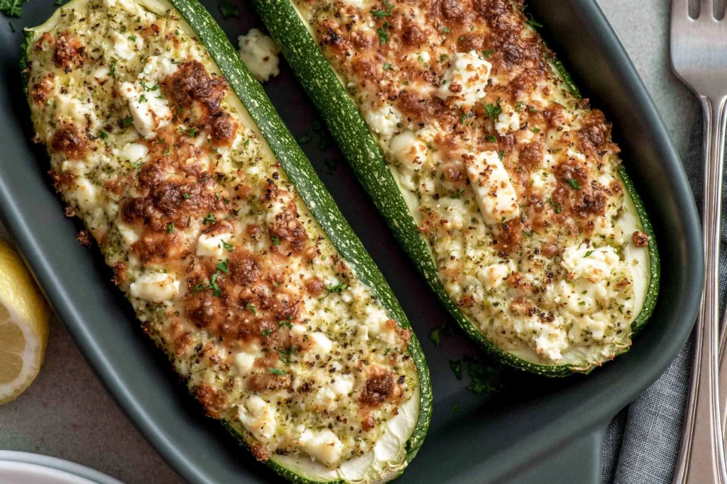 Close-up of Feta Cheese Stuffed Zucchini with golden melted cheese, herbs, and creamy feta filling baked to perfection