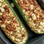 Close-up of Feta Cheese Stuffed Zucchini with golden melted cheese, herbs, and creamy feta filling baked to perfection