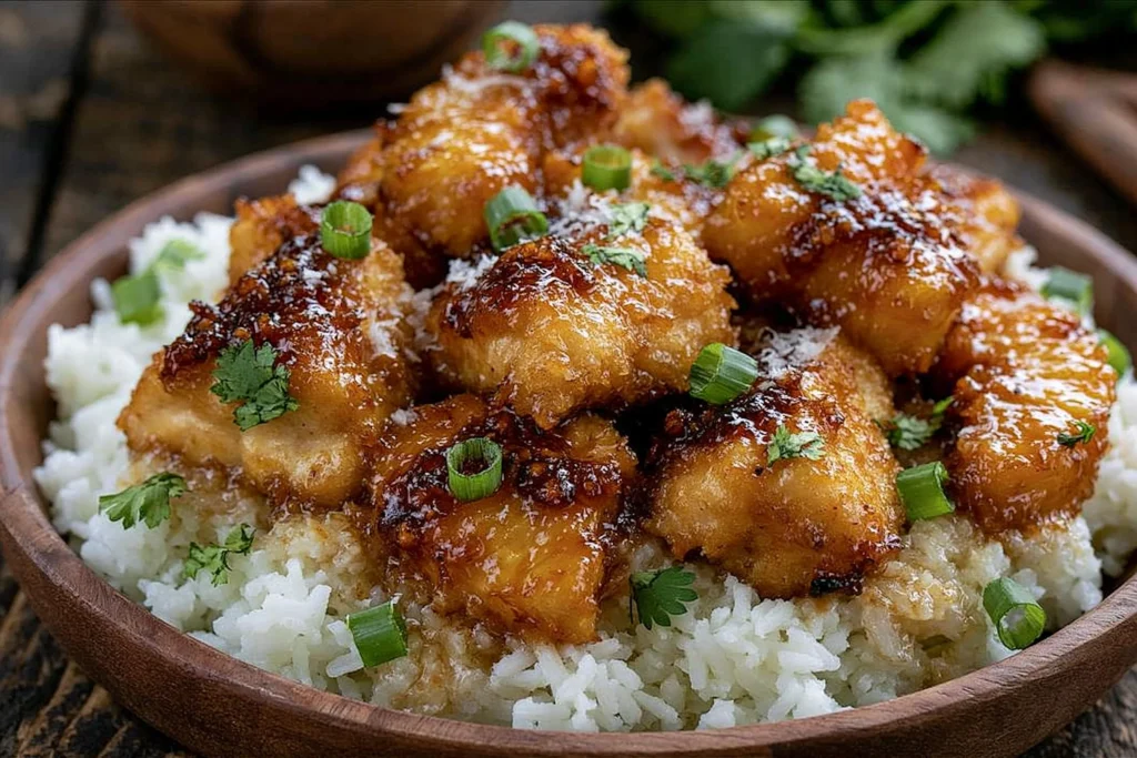 Coconut Peach Chicken served over rice with crispy golden chicken bites glazed in sweet savory peach sauce and topped with herbs