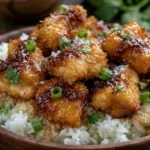 Coconut Peach Chicken served over rice with crispy golden chicken bites glazed in sweet savory peach sauce and topped with herbs