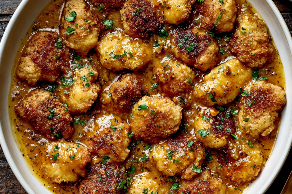 Crispy Coconut Peach Chicken bites coated in golden coconut crust and tossed in sweet savory peach sauce with herbs