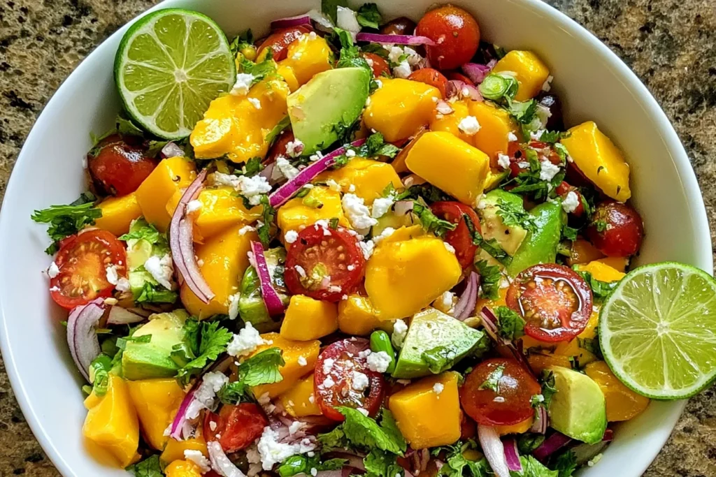 Avocado Mango Salad with Zesty Lime Dressing topped with feta cheese, fresh lime slices, cherry tomatoes, and cilantro in a vibrant serving bowl