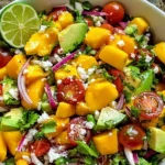 Avocado Mango Salad with Zesty Lime Dressing topped with feta cheese, fresh lime slices, cherry tomatoes, and cilantro in a vibrant serving bowl