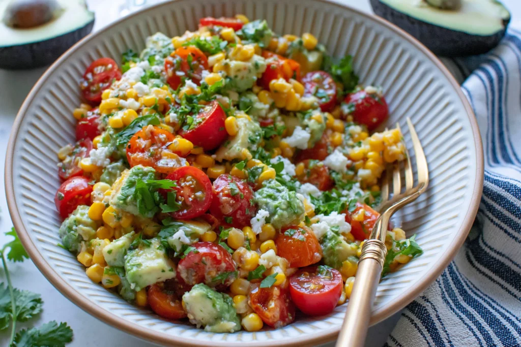 Avocado and Corn Summer Salad with creamy avocado chunks, sweet corn, cherry tomatoes, herbs, and light dressing in a rustic bowl