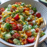 Avocado and Corn Summer Salad with creamy avocado chunks, sweet corn, cherry tomatoes, herbs, and light dressing in a rustic bowl
