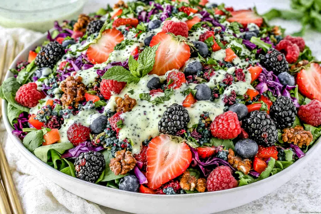 Berry Salad with Creamy Lemon Herb Dressing served with fresh strawberries, blueberries, raspberries, crunchy walnuts, and creamy herb dressing