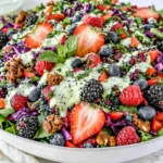 Berry Salad with Creamy Lemon Herb Dressing served with fresh strawberries, blueberries, raspberries, crunchy walnuts, and creamy herb dressing