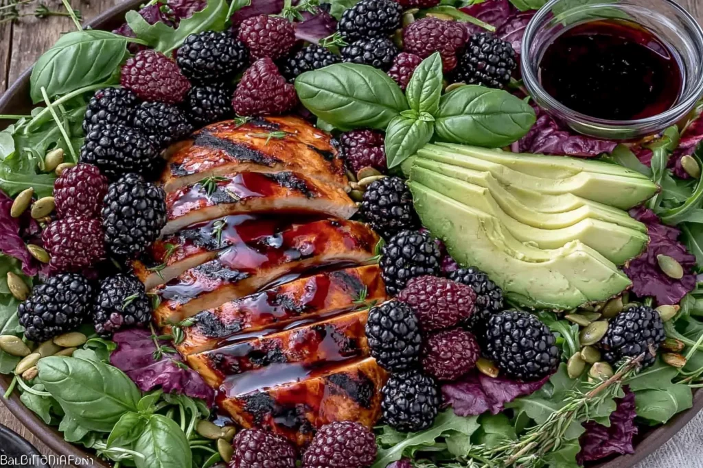 Blackberry Basil Grilled Chicken Salad with sliced grilled chicken, fresh blackberries, avocado, basil leaves, and balsamic dressing