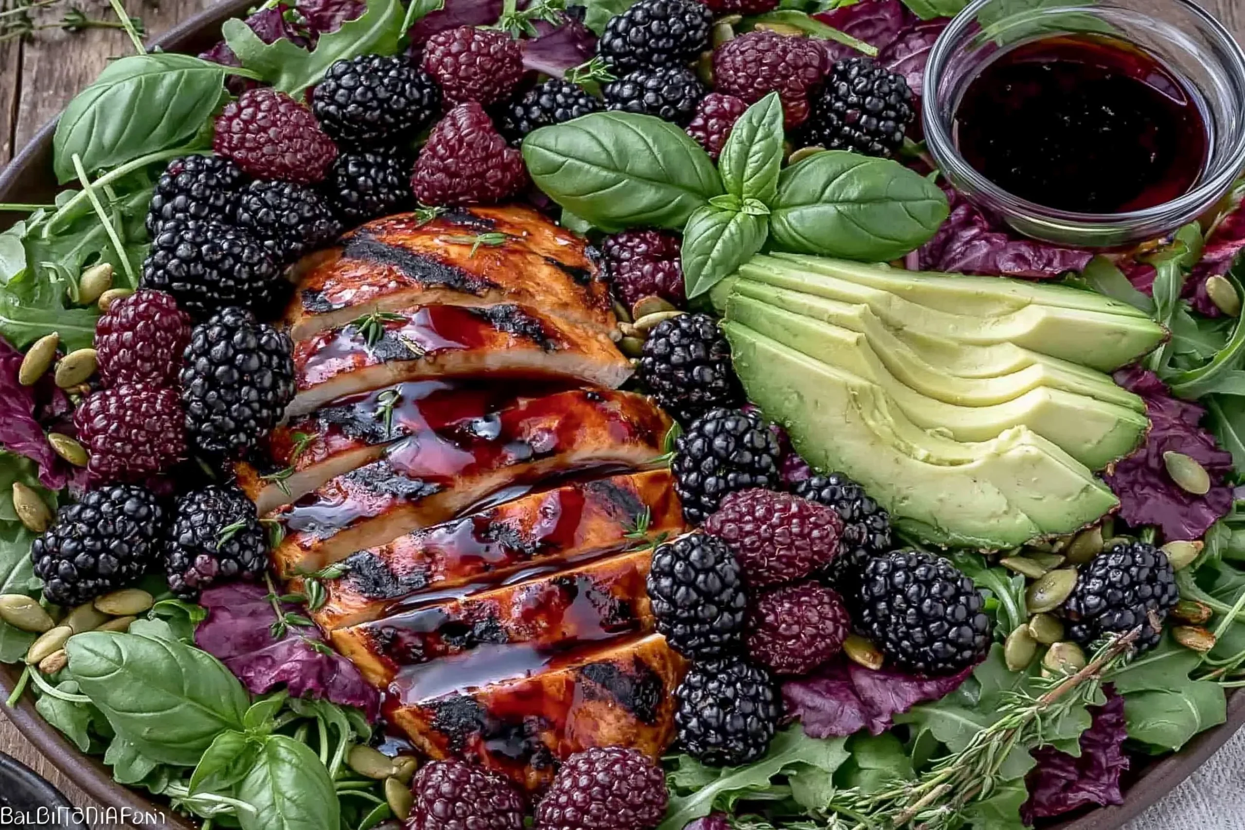 Blackberry Basil Grilled Chicken Salad with sliced grilled chicken, fresh blackberries, avocado, basil leaves, and balsamic dressing