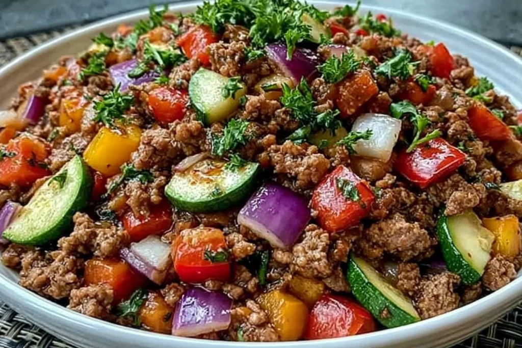 Mediterranean Ground Beef Stir-Fry with zucchini, red onion, bell peppers, and fresh parsley in a vibrant skillet dish
