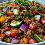 Mediterranean Ground Beef Stir-Fry with zucchini, red onion, bell peppers, and fresh parsley in a vibrant skillet dish