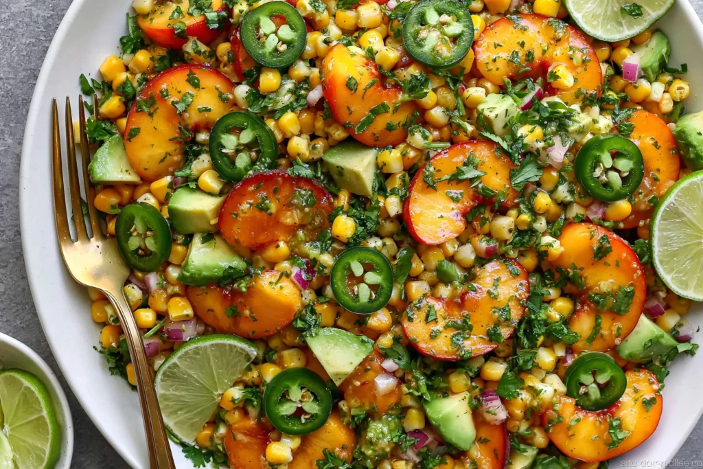 Close-up of Peach Avocado Corn Salad with juicy peaches, sweet corn, avocado chunks, jalapeño slices, and honey-lime dressing