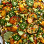 Close-up of Peach Avocado Corn Salad with juicy peaches, sweet corn, avocado chunks, jalapeño slices, and honey-lime dressing