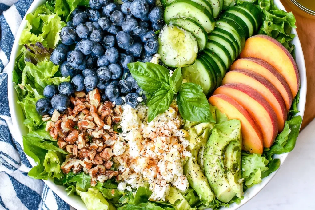 Peach Berry Summer Salad with sliced peaches, blueberries, cucumber, avocado, feta, and pecans on fresh lettuce
