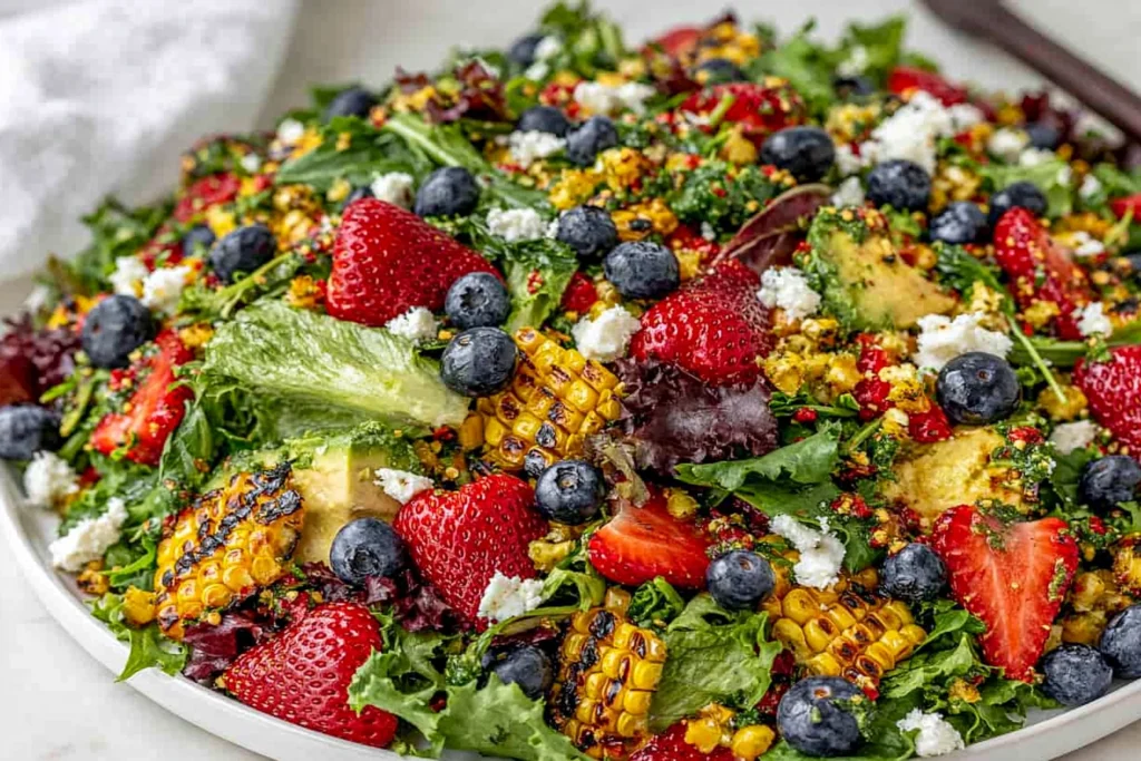 Strawberry Avocado Corn Salad with grilled corn, fresh strawberries, blueberries, avocado, goat cheese, and mixed greens