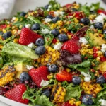 Strawberry Avocado Corn Salad with grilled corn, fresh strawberries, blueberries, avocado, goat cheese, and mixed greens