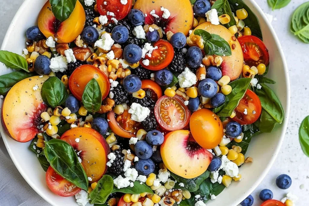Summer Farro Salad with peaches, blueberries, blackberries, corn, cherry tomatoes, feta, and basil in a fresh vibrant bowl