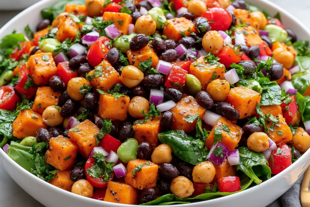 Sweet Potato Black Bean and Chickpea Salad with roasted sweet potatoes, chickpeas, black beans, fresh herbs, and colorful vegetables in a bowl