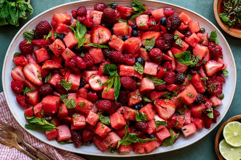 Fresh Watermelon Fruit Salad with berries and lime mint dressing, featuring juicy watermelon cubes, strawberries, raspberries, and blueberries