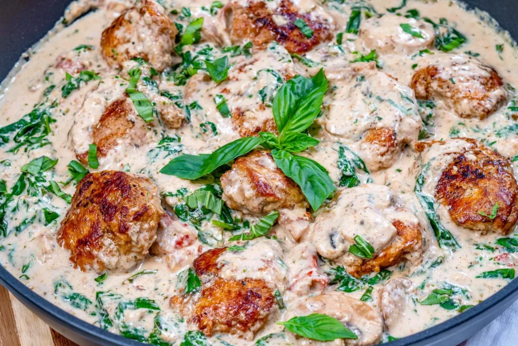 Basil Chicken in Coconut Curry Sauce with creamy coconut milk, golden seared chicken, and fresh basil in a skillet